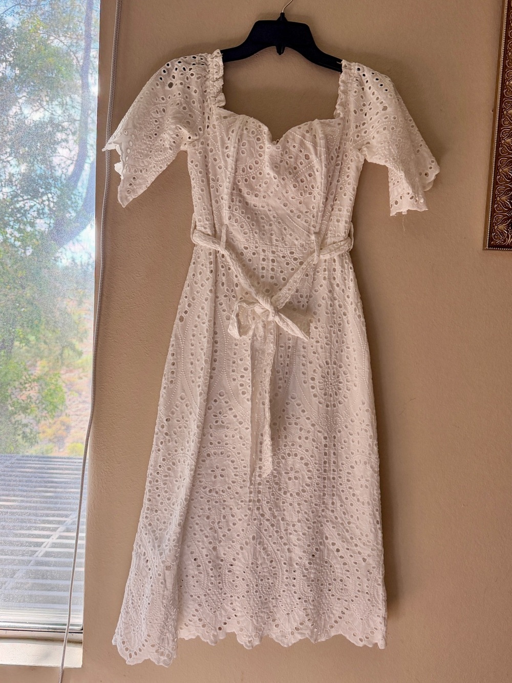 White Eyelet Midi Dress with Puff Sleeves and Tie Waist
